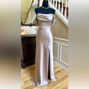 Sophisticated Satin Off-Shoulder Maxi Dress Size S Champagne Color